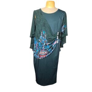 Hanna Nikole Womens 18W Knee Length Dress Attached Chiffon Cape Rhinestone Glam